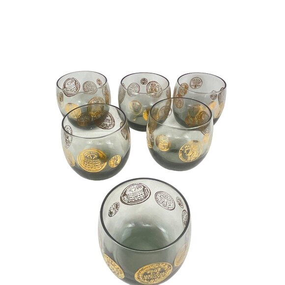 Vintage Mid-Century Lowball Glasses Set of 6 Coin Design 22K Gold Accents Smoky - Picture 4 of 10